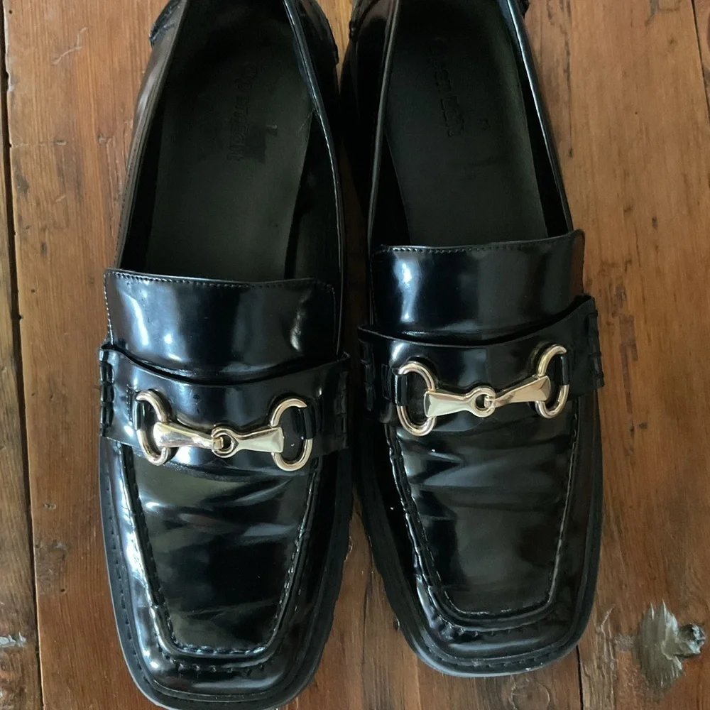 Open Edit Black Patent Leather chunky Loafers with Gold Buckle size 9.5